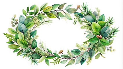 Fototapeta premium Extreme close-up botanical wreath with leafy foliage and green watercolor florals