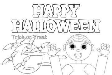 A fun and spooky Halloween coloring page featuring a cute vampire, bats, and a full moon. Perfect for kids creative activities.