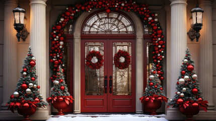 generated illustration of charming house with a decorated front porch for Christmas.