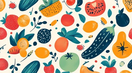 Colorful Fruit and Vegetable Pattern on a Cream Background