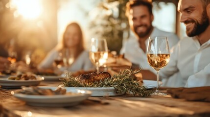 Friends gathering around an outdoor table, enjoying a sunset meal with wine, laughter, and conversation, highlighted by warm natural light and joyful atmosphere.