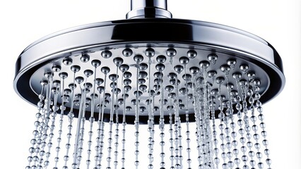 utility, chrome, interior, bathroom, cleanliness, bathroom equipment, modern, A close up stock photo of a modern showerhead with water droplets isolated on a white background