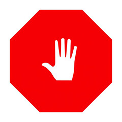 Obraz premium A red octagonal sign featuring a white minimalist hand gesture symbol for stop, representing caution or a halt command.