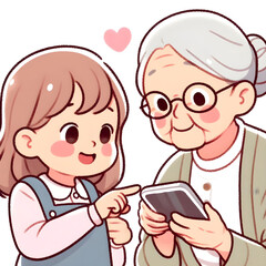 Fototapeta premium Little girl teaching her grandmother how to use a smartphone