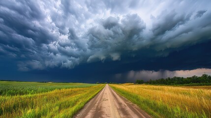 Storm over the road in the countrtyside, heavy clouds on sky