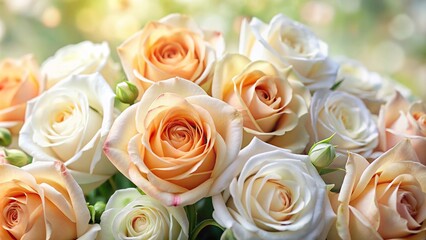 Extreme close-up of elegant white and peach roses on floral background