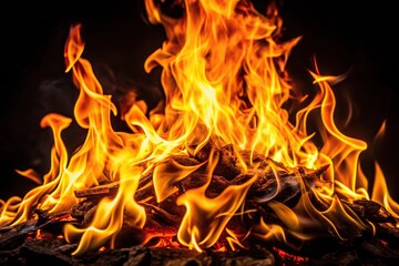 Extreme close-up abstract art of firelight on black background with bright color overlay