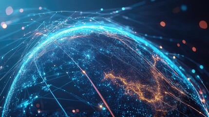 High-tech digital globe with interconnected network lines and vibrant data points, illustrating global reach and integration