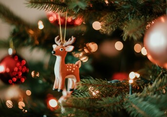 Charming handmade reindeer ornament adds a touch of whimsy to a beautifully decorated christmas tree with sparkling lights, capturing the festive spirit of the holidays