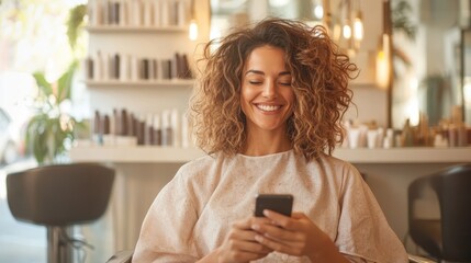 A stylish woman with curly hair uses a smartphone in a bright, modern salon, symbolizing technology and beauty in a contemporary environment.