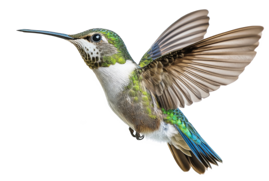 A vibrant hummingbird hovering in midair with colorful feathers against a white background