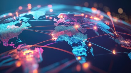 High-tech global network with bright, animated lines connecting different regions on a 3D world map