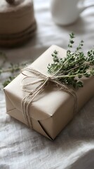 A photo of an elegant, wrapped gift with natural twine and dried thyme tied around it, sitting on top of a vintage-style tablecloth