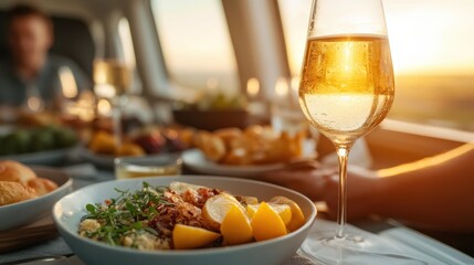 A gourmet dining experience features a refined selection of dishes and a glass of wine, beautifully arranged, creating a luxurious and elegant visual feast.