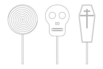 Fun Halloween coloring page featuring spooky lollipops, skulls, and coffins. Perfect for kids to enjoy during the festive season.