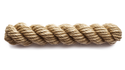 A close-up view of twisted natural fiber rope lying on a plain white background