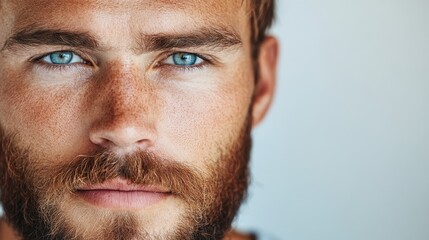 Obraz premium A striking close-up of a blue-eyed man with a freckled face, his beard accentuating the artistic play of textures, offering a modern take on classic portraiture.