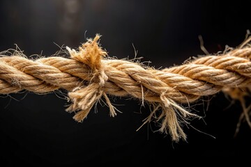 Frayed rope and thread on a black background close up, background, unraveled, tattered, damaged, closeup, rugged, fraying, rope, thread, detail, black, worn, fibers, worn-out, macro - Powered by Adobe