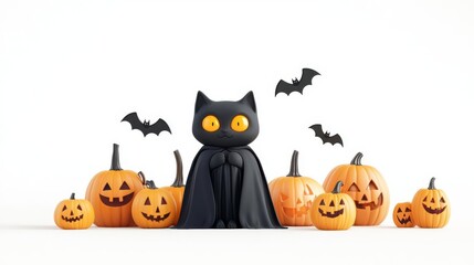 A whimsical Halloween scene featuring a black cat in a cape surrounded by cheerful jack-o'-lanterns and flying bats.