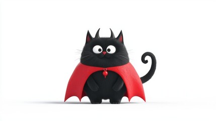 Fototapeta premium Cute black cat dressed in a red cape with horns, perfect for Halloween themes and playful illustrations.