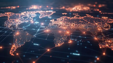 Obraz premium High-tech visualization of global connections with bright network nodes and lines spanning a 3D world map