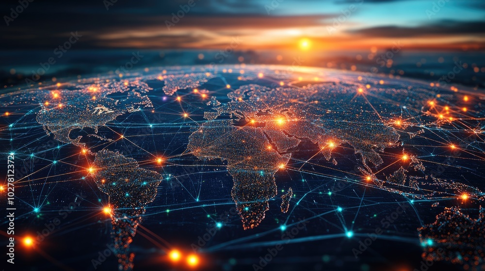 Poster high-tech visualization of global connectivity with glowing network lines and nodes spreading across