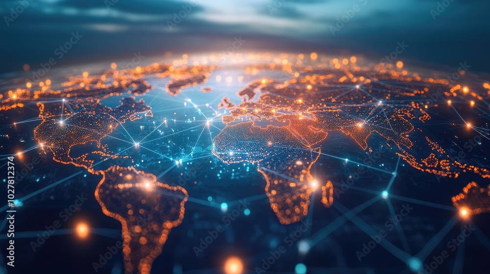 Poster high-tech visualization of global connectivity with glowing network lines and nodes spreading across