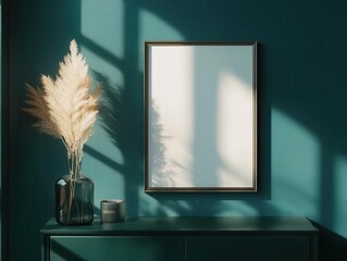 mock-up frame elegantly displayed on a stylish dark green commode, casting soft shadows in a cozy home interior, showcasing a minimalist design aesthetic