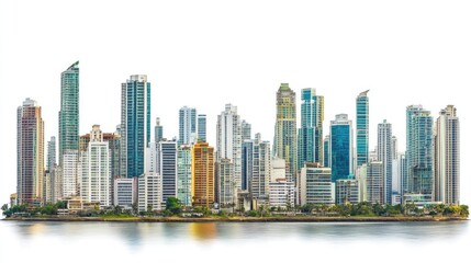 Fototapeta premium A panoramic view of a modern city skyline with skyscrapers, reflecting in the water.
