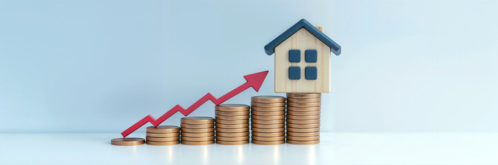 Stacked Coins with House Model and Upward Arrow on Light Blue Background with Copy Space