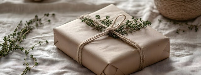 A photo of an elegant, wrapped gift with natural twine and dried thyme tied around it, sitting on top of a vintage-style tablecloth