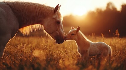 A touching moment between a horse and its young foal, sharing a gentle nuzzle in a sun-drenched field, depicting themes of warmth, affection, and natural wonder.