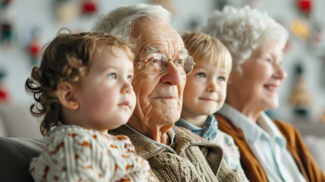 smiling grandfather with grandmother happy together with grandson and niece cozy house