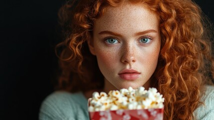 A focused young girl with striking curly red hair and a captivating gaze holds a box of popcorn, capturing an intimate and contemplative moment in striking detail.