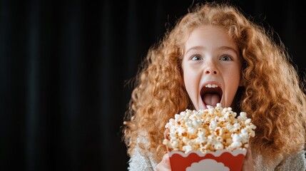 A young girl with curly hair eagerly holds a large box of popcorn, emphasizing happiness and enjoyment in a lively setting, reflecting the joy of movie-time fun.
