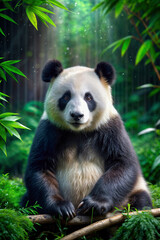 Obraz premium A giant panda calmly sitting in a lush bamboo forest. Perfect for environmental awareness, nature-themed materials, wildlife backgrouns and tranquil designs.