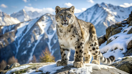 Obraz premium Stunning image of a snow leopard in its natural mountain habitat. Ideal for wildlife nature backgrounds, environmental posters and nature-themed designs.