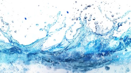 Isolated blue water splash on a white background, capturing the vibrant motion and detailed droplets of the water in action