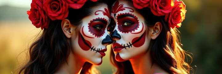 Celebración del Día de los Muertos en México, con mujeres maquilladas y flores en el cabello, simbolizando la unión entre la vida y la muerte.