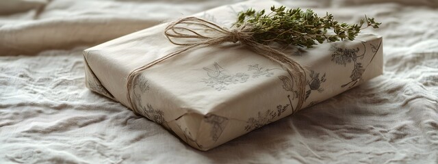 A photo of an elegant, wrapped gift with natural twine and dried thyme tied around it, sitting on top of a vintage-style tablecloth