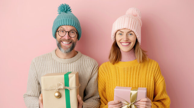 Smiling caucasain couple love wearing wool sweater and pink hat for holding gift box together in Merry christmas with new year holiday and birthday concept