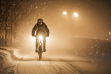 Cyclist is riding a bicycle on a snowy road at night during a snowfall, illuminated by the bicycle's headlight