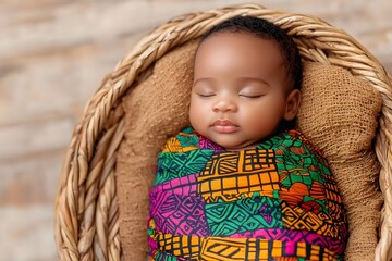 Peaceful Newborn Swaddled in Colorful African Print Fabric Sleeping in Woven Basket