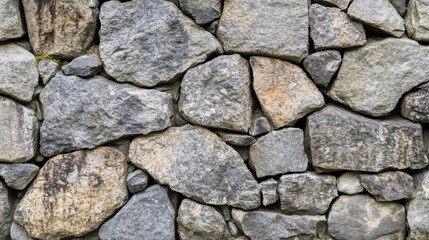 A close-up view of a weathered stone wall, showcasing the irregular shapes and textures of the rocks.