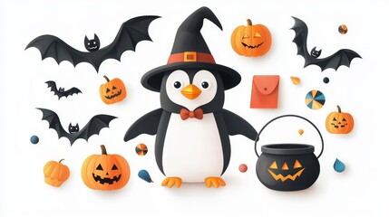 Fototapeta premium A playful Halloween penguin wearing a witch hat, surrounded by pumpkins, bats, and festive decorations for a charming celebration.