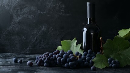 Glass of wine and black bottle of red wine on a black glass table.