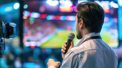 Sports commentator passionately narrating live sports event on television screen, microphone in hand, modern broadcasting studio with clean uncluttered background for copy space.