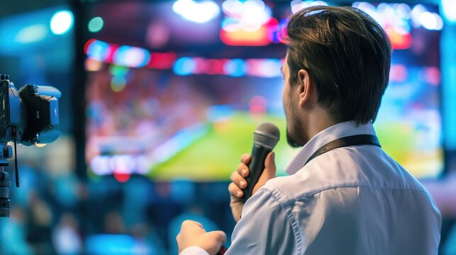 Sports commentator passionately narrating live sports event on television screen, microphone in hand, modern broadcasting studio with clean uncluttered background for copy space.