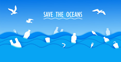 Polluted water, plastic in the sea paper cut banner, save ocean vector concept. Plastic bottles, bags and cups, drinking straws, forks and spoons white silhouettes floating on 3d papercut blue waves
