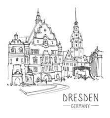 Naklejka premium Vector sketch of Dresden, Germany. Urban sketch in black color isolated on white background. Historical building line art. Freehand drawing. Hand drawn travel postcard. Hand drawing of Dresden.